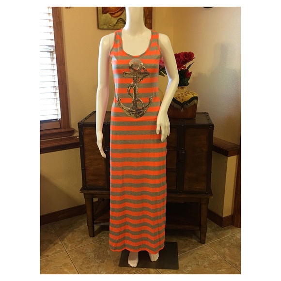 Women’s Striped  Nautical Sequin Anchor Maxi Dress - Picture 3 of 8